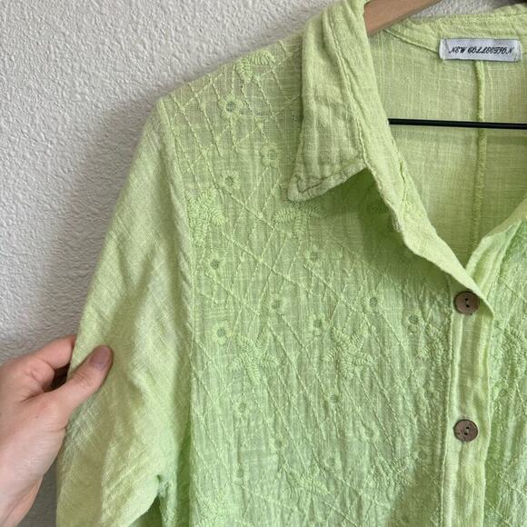 Made in Italy Women's Medium Embroidered Dress Lime Green Linen Cotton Blend - Picture 3 of 9